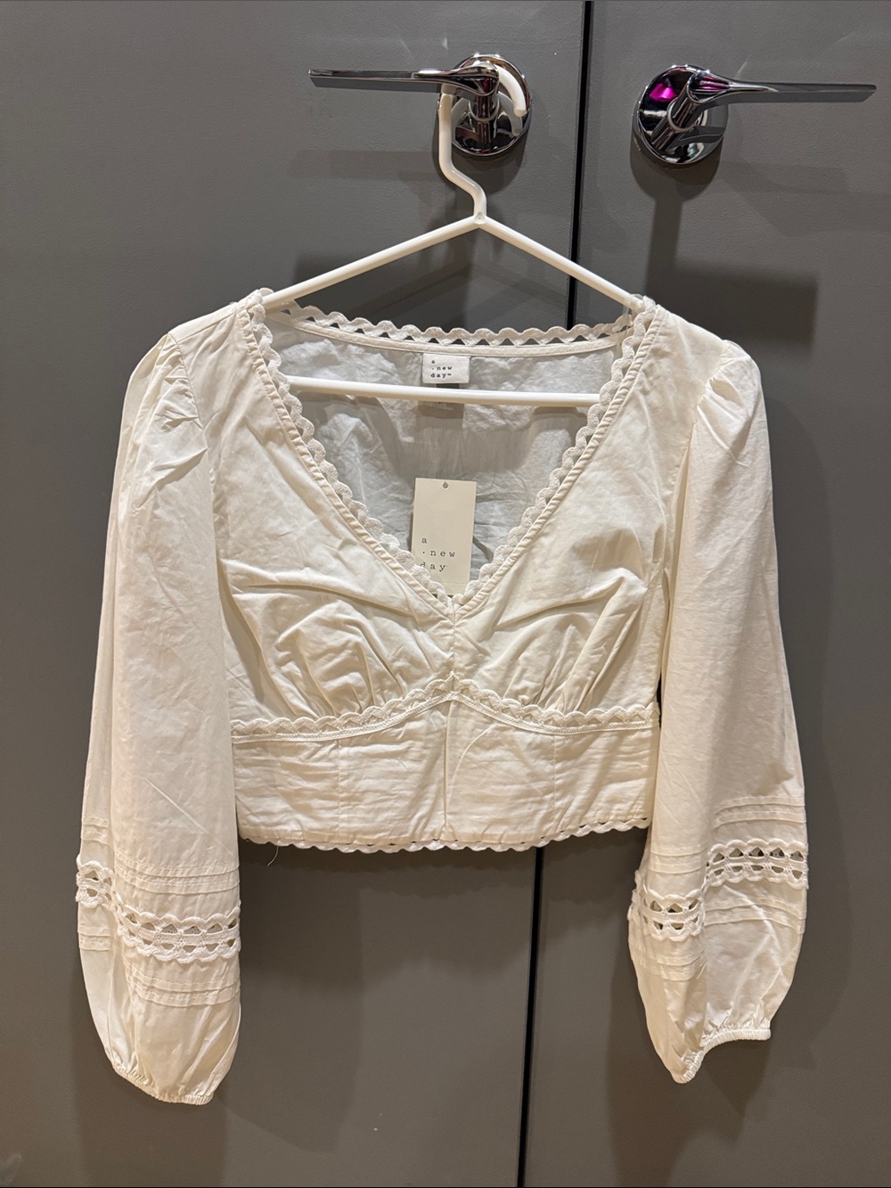 a new day Cream V-Neck Lace-Trim Peasant Top